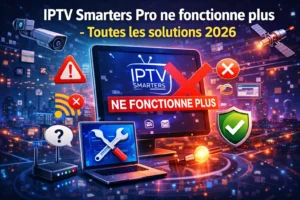 Illustration numérique montrant IPTV Smarters Pro en panne avec un écran affichant “ne fonctionne plus”, une grande croix rouge, des icônes d’erreur (Wi-Fi, alerte), ainsi que des outils et un bouclier symbolisant les solutions et corrections pour 2026 sur fond technologique futuriste.