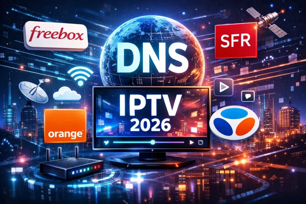 Illustration futuriste représentant le meilleur DNS pour IPTV en 2026, avec un écran affichant “IPTV 2026”, un globe numérique marqué “DNS”, des icônes de streaming et de connexion, ainsi que les logos des fournisseurs Freebox, Orange, Bouygues et SFR sur fond de ville technologique lumineuse.