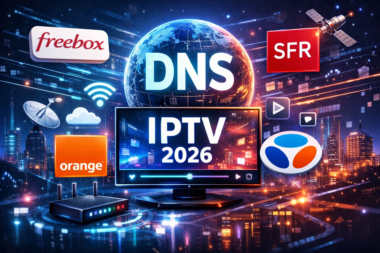 Illustration futuriste représentant le meilleur DNS pour IPTV en 2026, avec un écran affichant “IPTV 2026”, un globe numérique marqué “DNS”, des icônes de streaming et de connexion, ainsi que les logos des fournisseurs Freebox, Orange, Bouygues et SFR sur fond de ville technologique lumineuse.