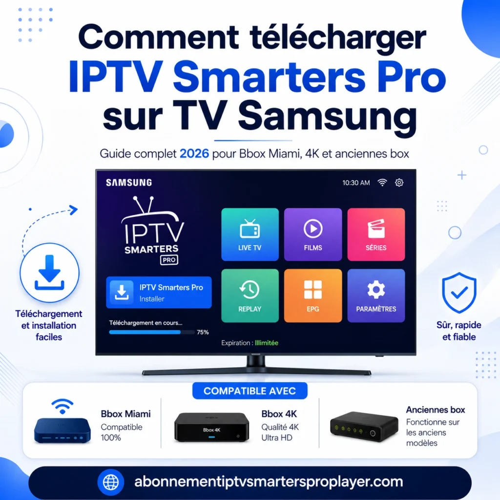 Comment télécharger IPTV Smarters Pro sur TV Samsung avec installation en cours, interface TV connectée et compatibilité Bbox Miami, Bbox 4K et anciennes box.
