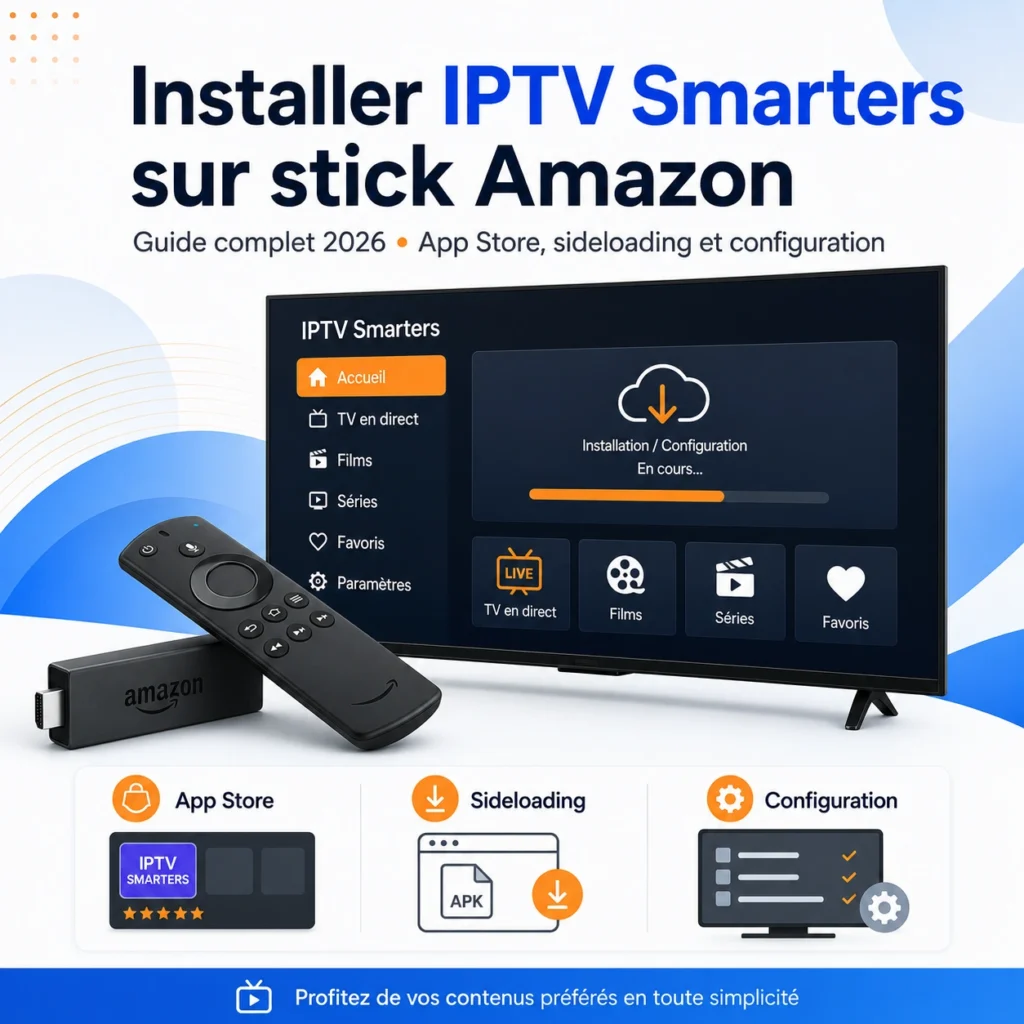 Installer IPTV Smarters sur stick Amazon avec interface TV, télécommande Fire TV, options App Store, sideloading APK et configuration pour le guide complet 2026.