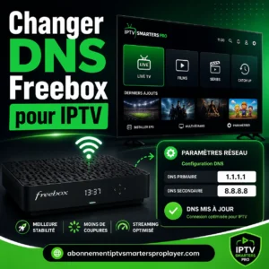 Freebox reliée à une interface IPTV avec panneau de configuration DNS affichant 1.1.1.1 et 8.8.8.8, illustrant le changement DNS Freebox pour IPTV.