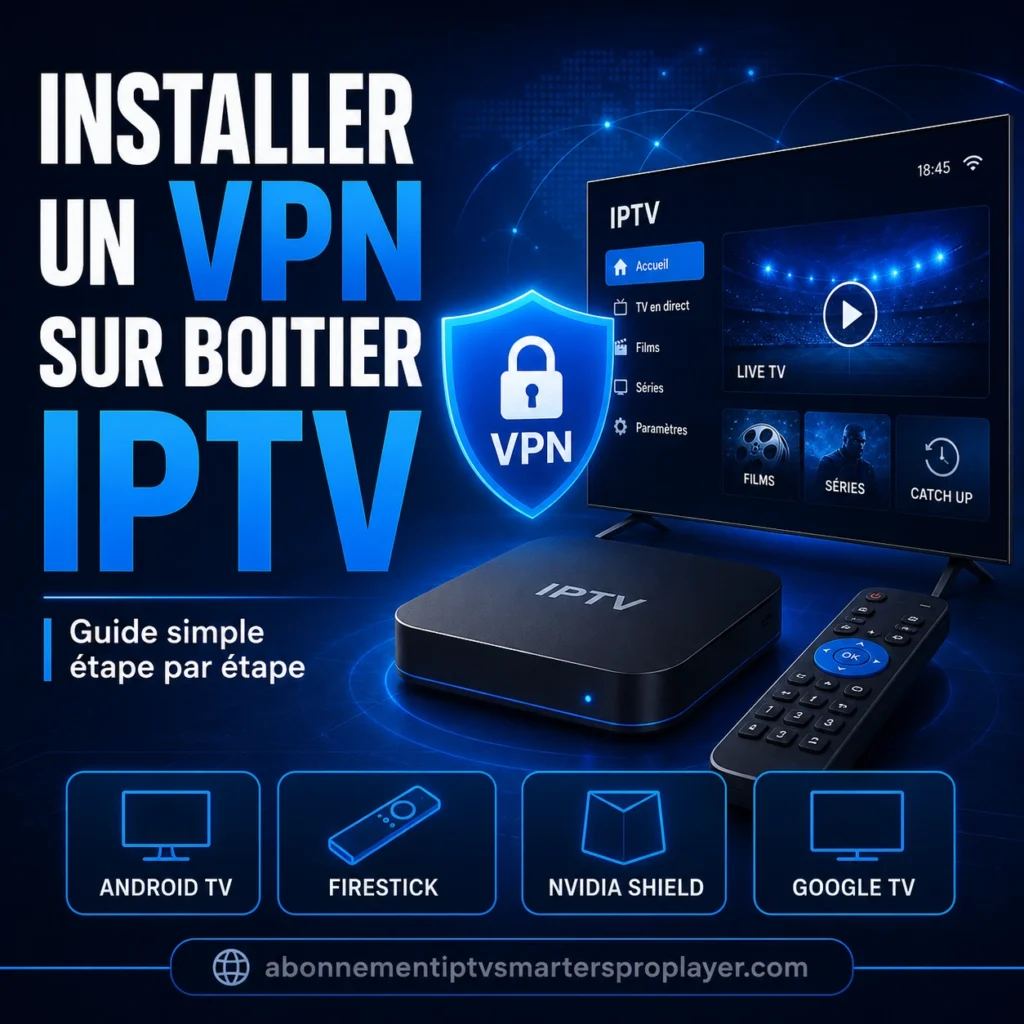 Boîtier IPTV avec écran TV affichant une interface IPTV, bouclier VPN bleu et appareils compatibles Android TV, Firestick, Nvidia Shield et Google TV, avec le site abonnementiptvsmartersproplayer.com.