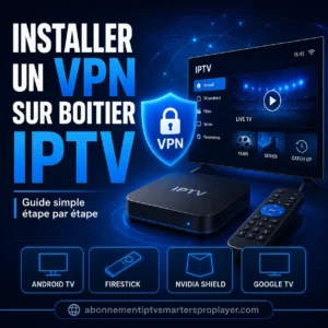 Boîtier IPTV avec écran TV affichant une interface IPTV, bouclier VPN bleu et appareils compatibles Android TV, Firestick, Nvidia Shield et Google TV, avec le site abonnementiptvsmartersproplayer.com.