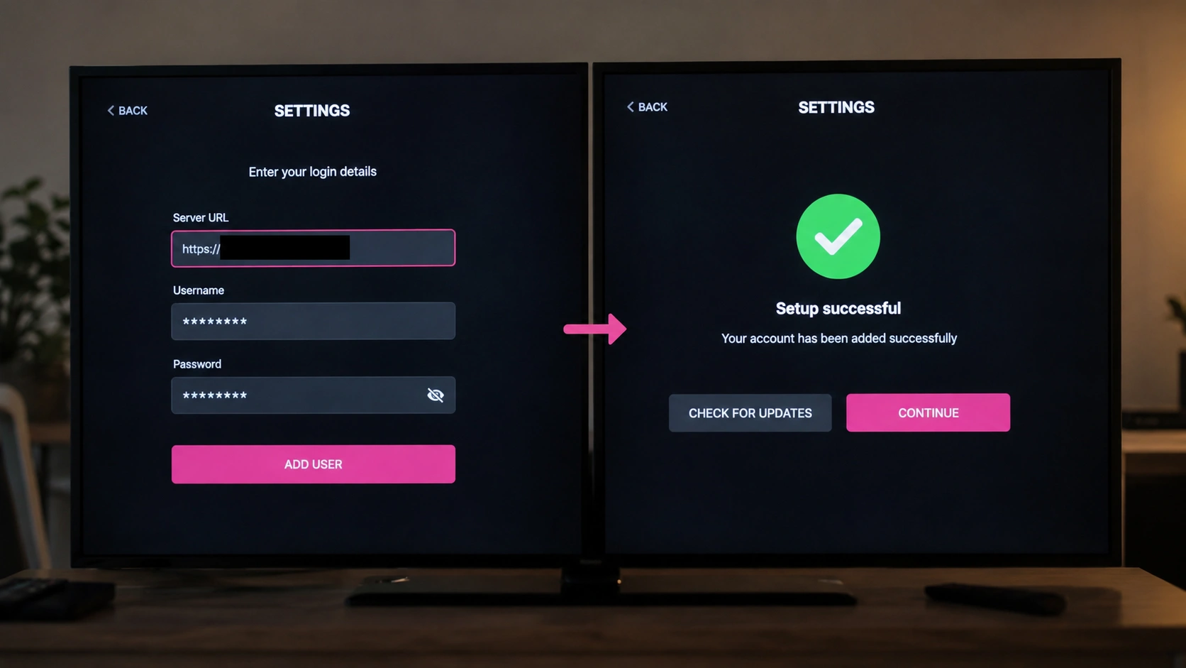 Configuration IPTV réussie sur Firestick ou Android TV avec identifiants masqués