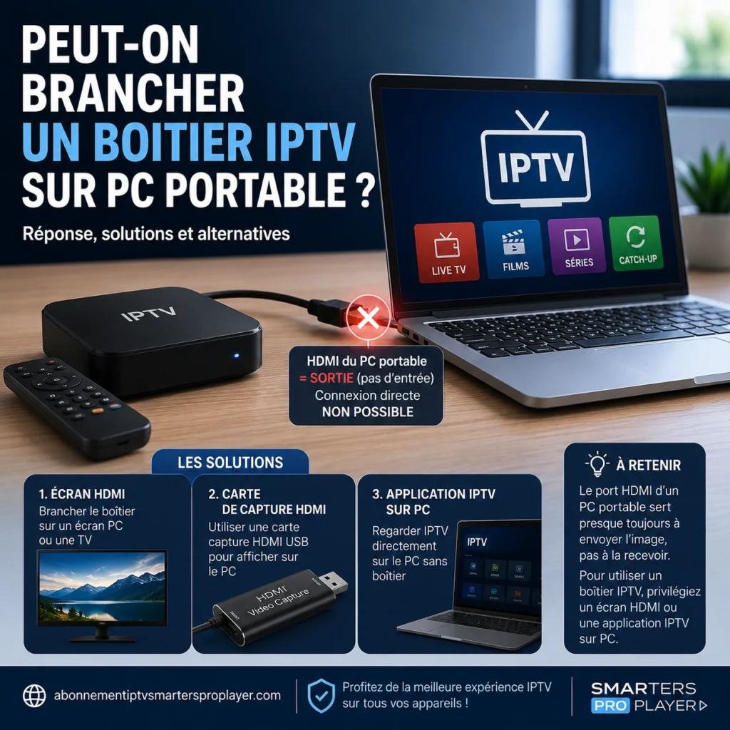 Boîtier IPTV connecté à un PC portable avec message indiquant que le HDMI du PC est une sortie, avec solutions écran HDMI, carte de capture USB et application IPTV sur PC, plus le site abonnementiptvsmartersproplayer.com.