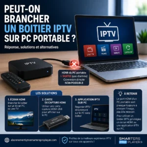 Boîtier IPTV connecté à un PC portable avec message indiquant que le HDMI du PC est une sortie, avec solutions écran HDMI, carte de capture USB et application IPTV sur PC, plus le site abonnementiptvsmartersproplayer.com.