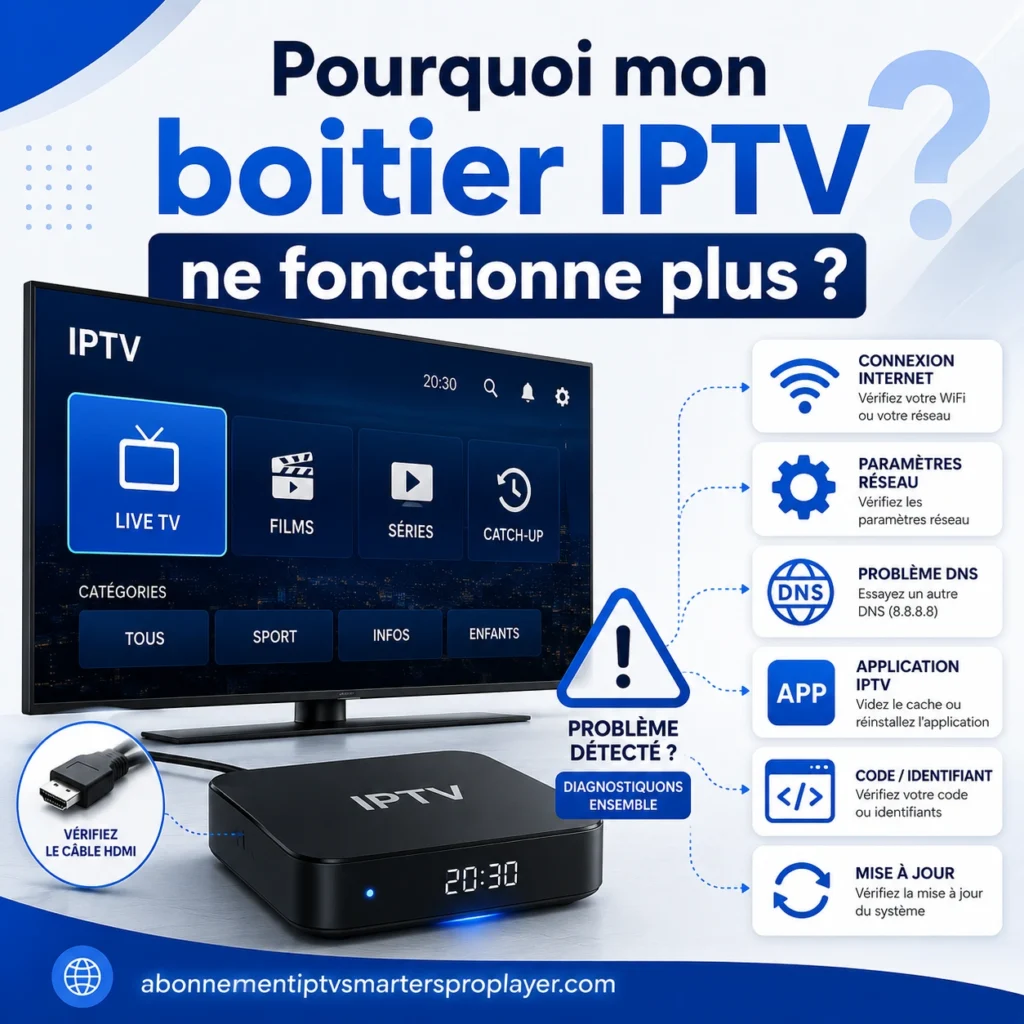 Boîtier IPTV affichant un problème de connexion avec écran IPTV, câble HDMI, icônes WiFi, DNS, application, code identifiant et mise à jour système, avec le site abonnementiptvsmartersproplayer.com.